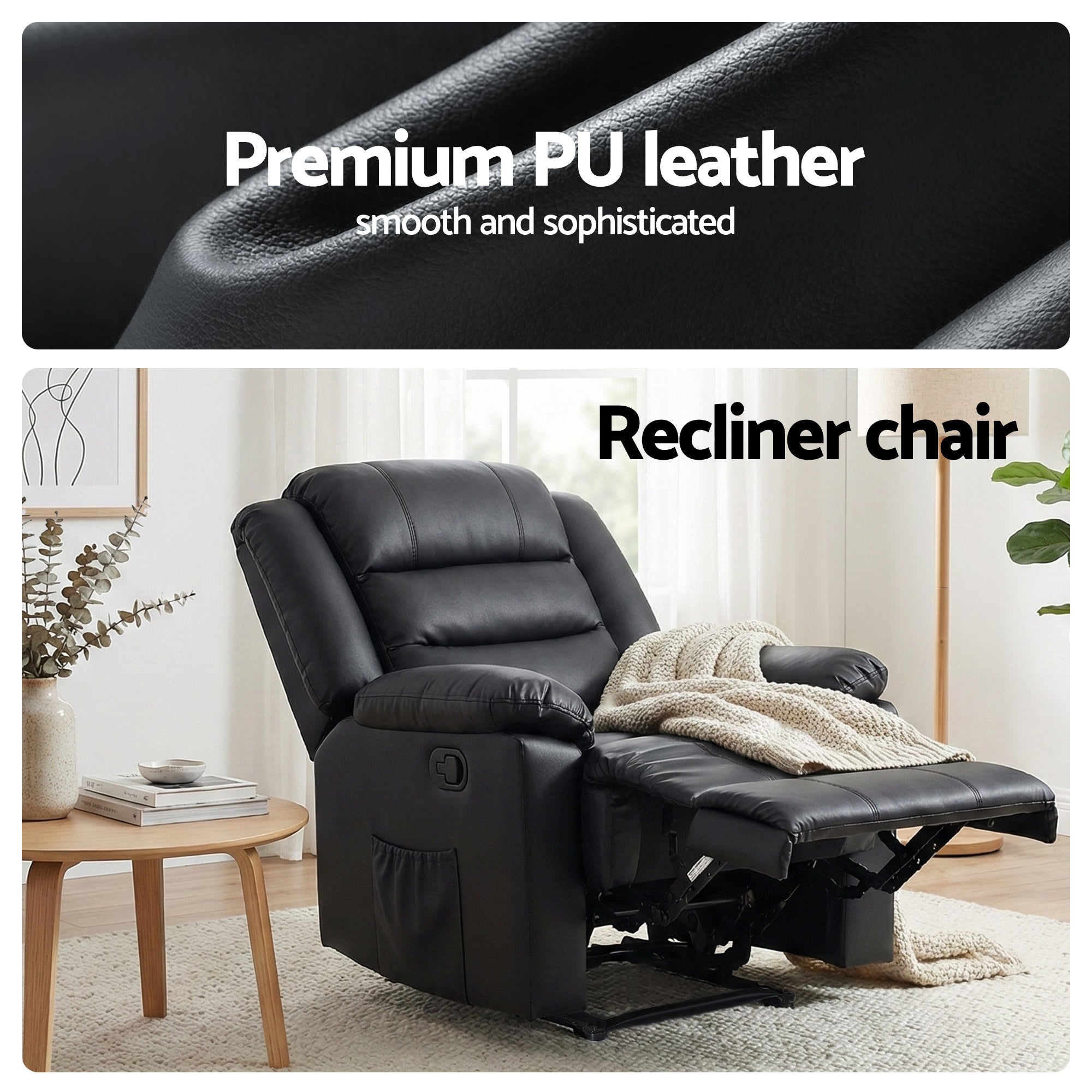 Arete Horizon, Black Leather Recliner Chair with 16 Led colours