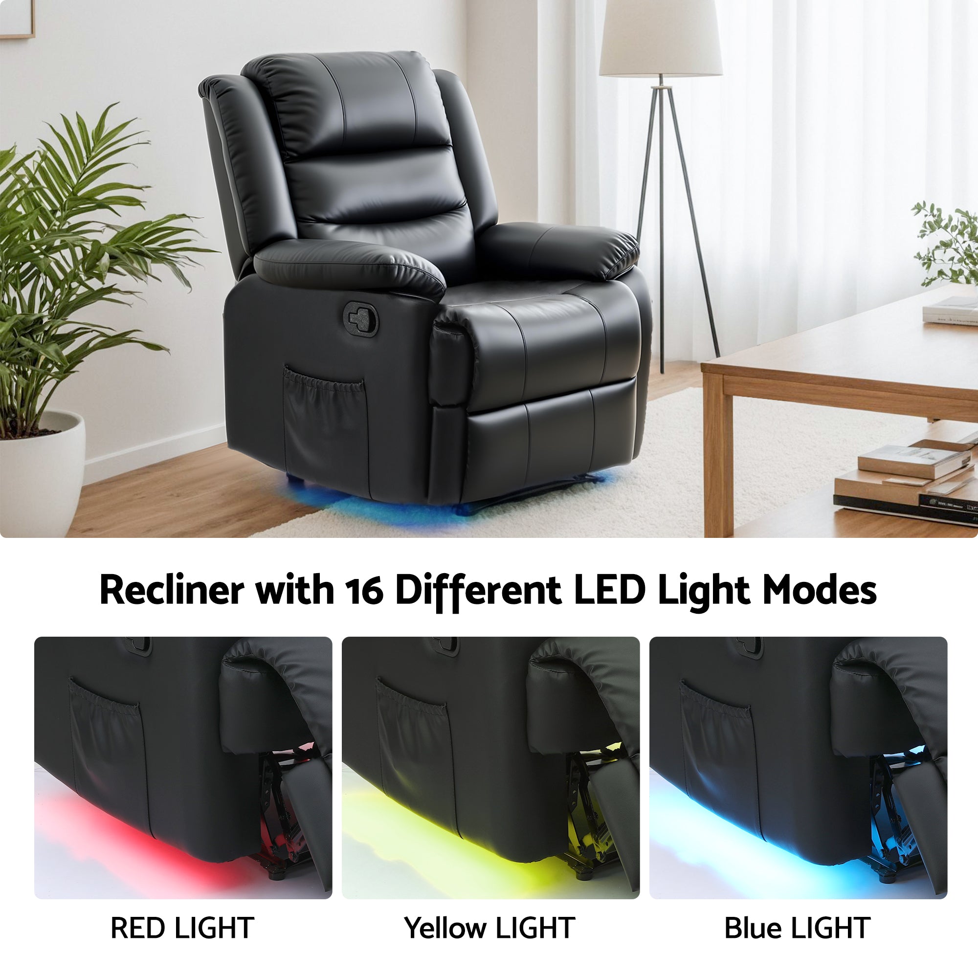 Arete Horizon, Black Leather Recliner Chair with 16 Led colours