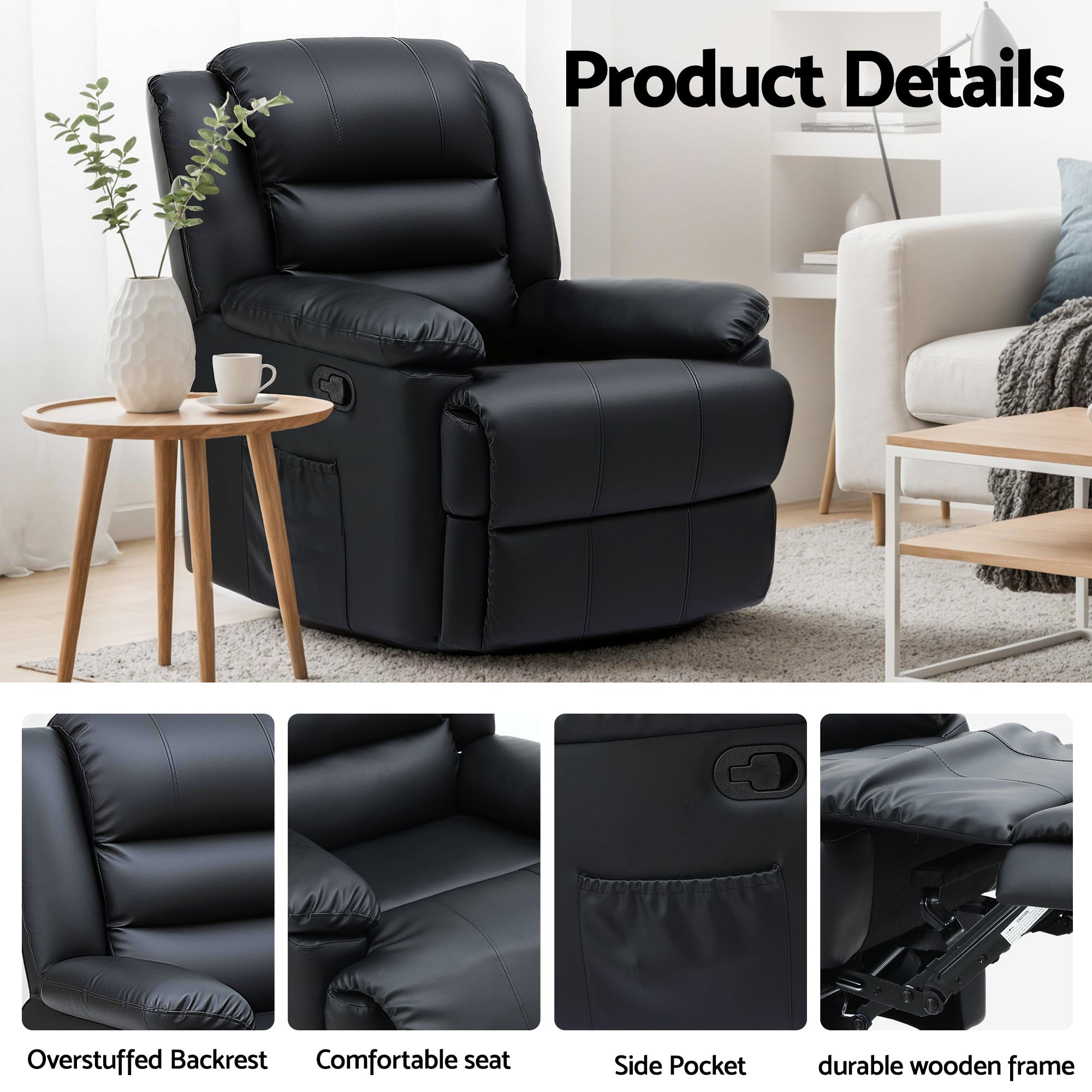 Arete Horizon, Black Leather Recliner Chair with 16 Led colours