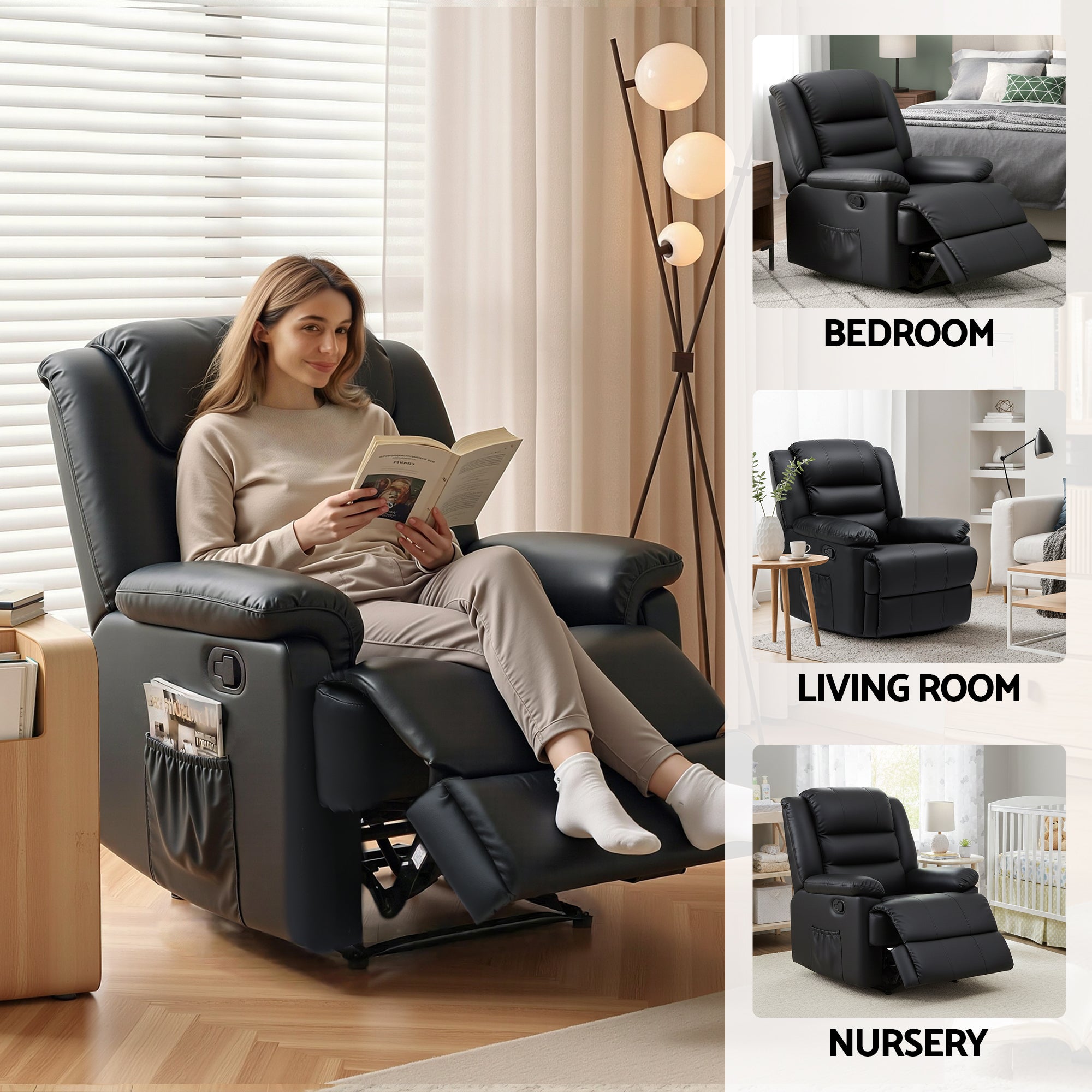 Arete Horizon, Black Leather Recliner Chair with 16 Led colours