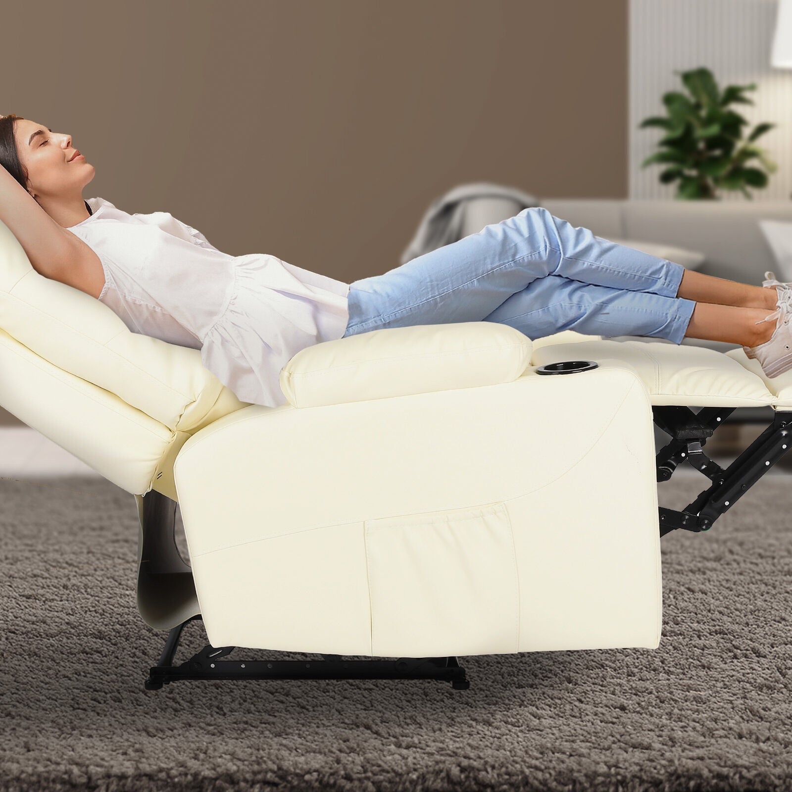 Rejuvachair Arleen, BEIGE Leather Lounge Sofa 8-Point Electric Massage Recliner Chair