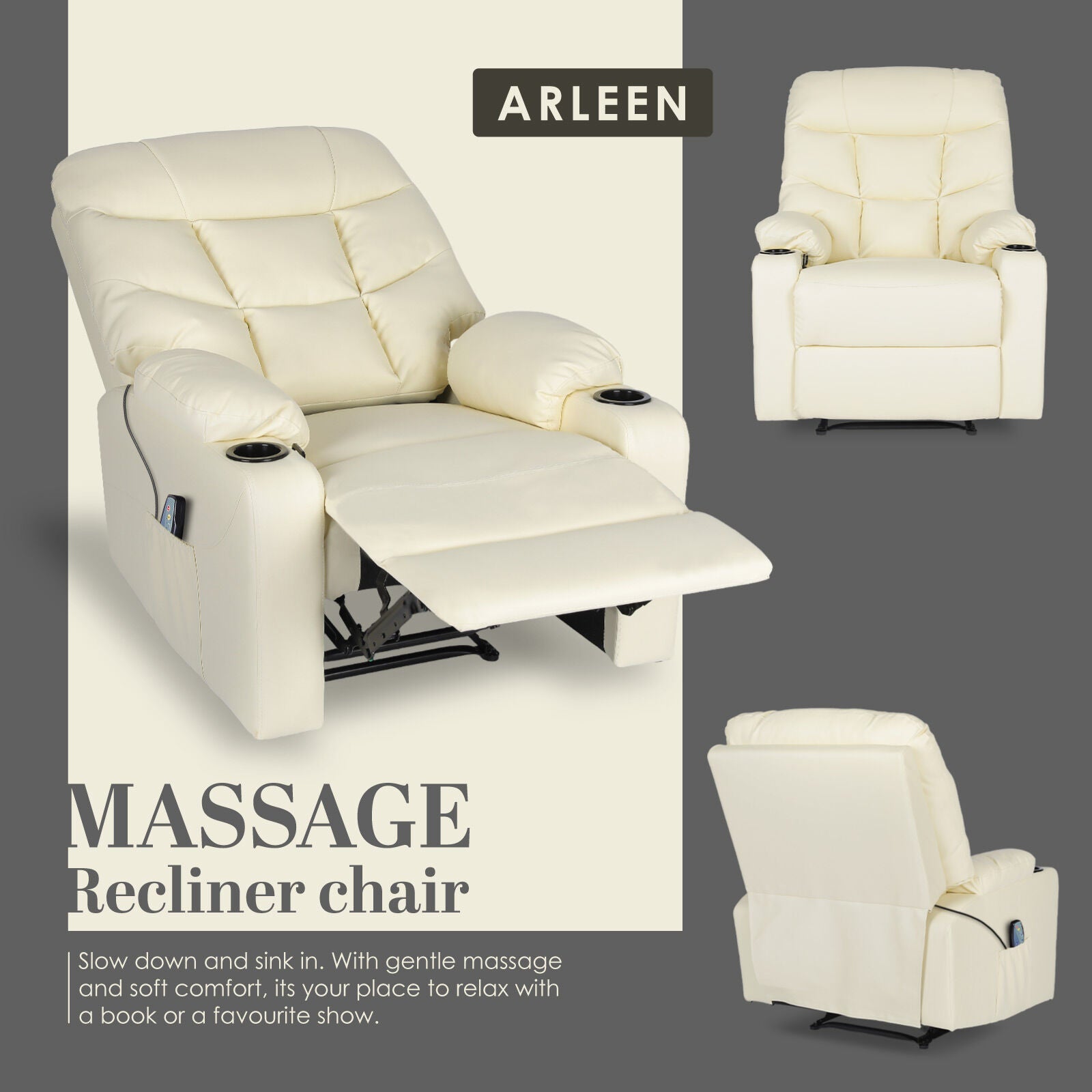 Rejuvachair Arleen, BEIGE Leather Lounge Sofa 8-Point Electric Massage Recliner Chair
