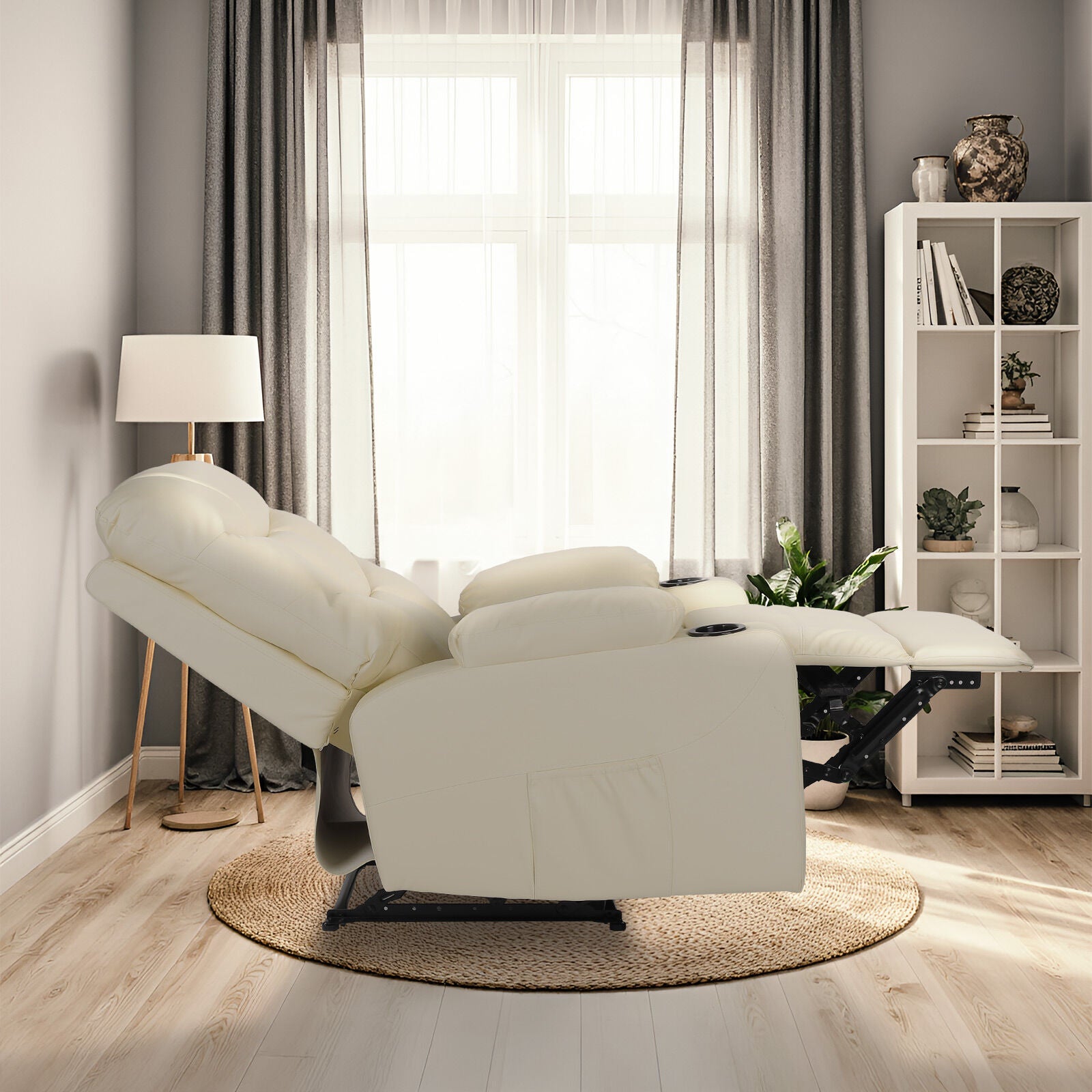 Rejuvachair Arleen, BEIGE Leather Lounge Sofa 8-Point Electric Massage Recliner Chair