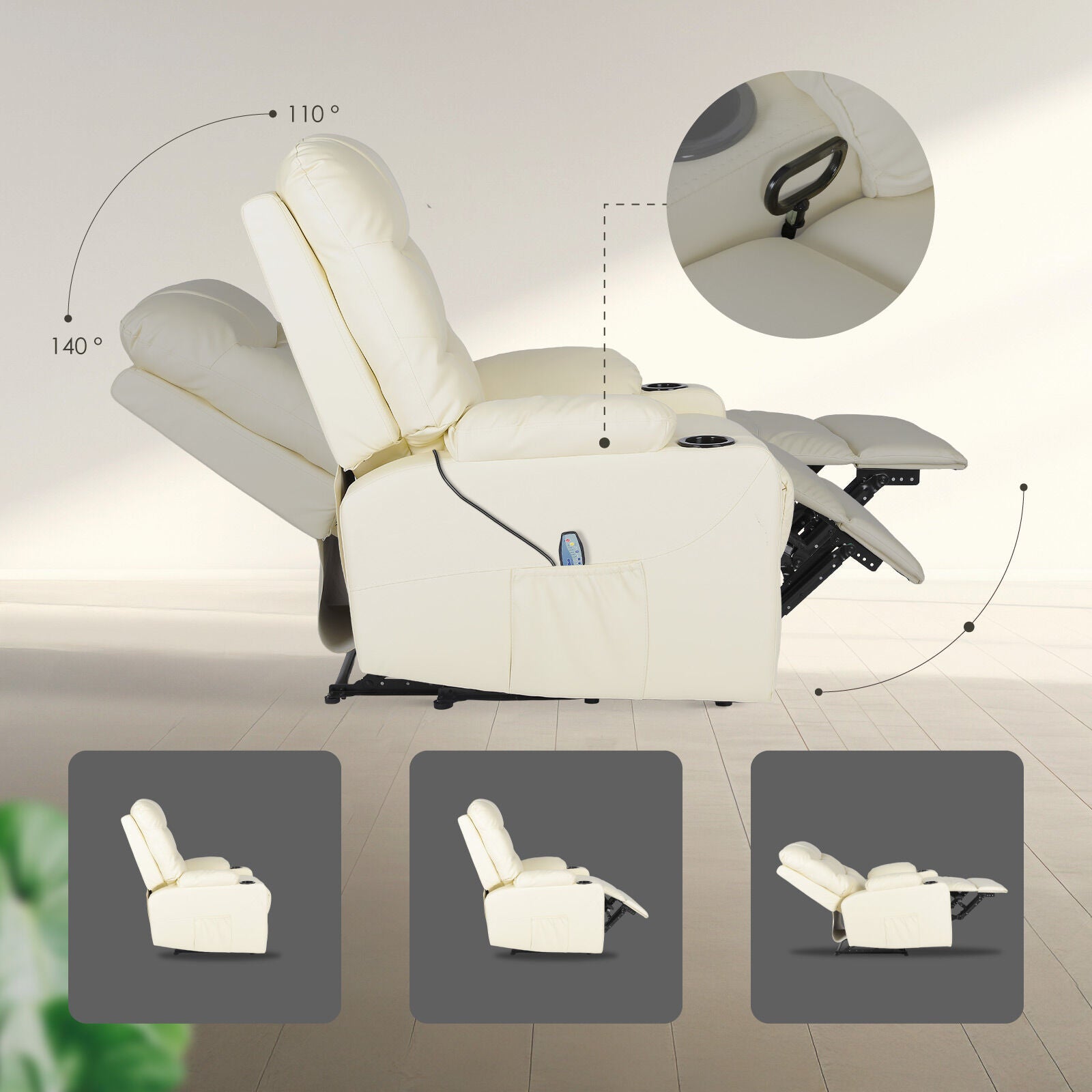 Rejuvachair Arleen, BEIGE Leather Lounge Sofa 8-Point Electric Massage Recliner Chair