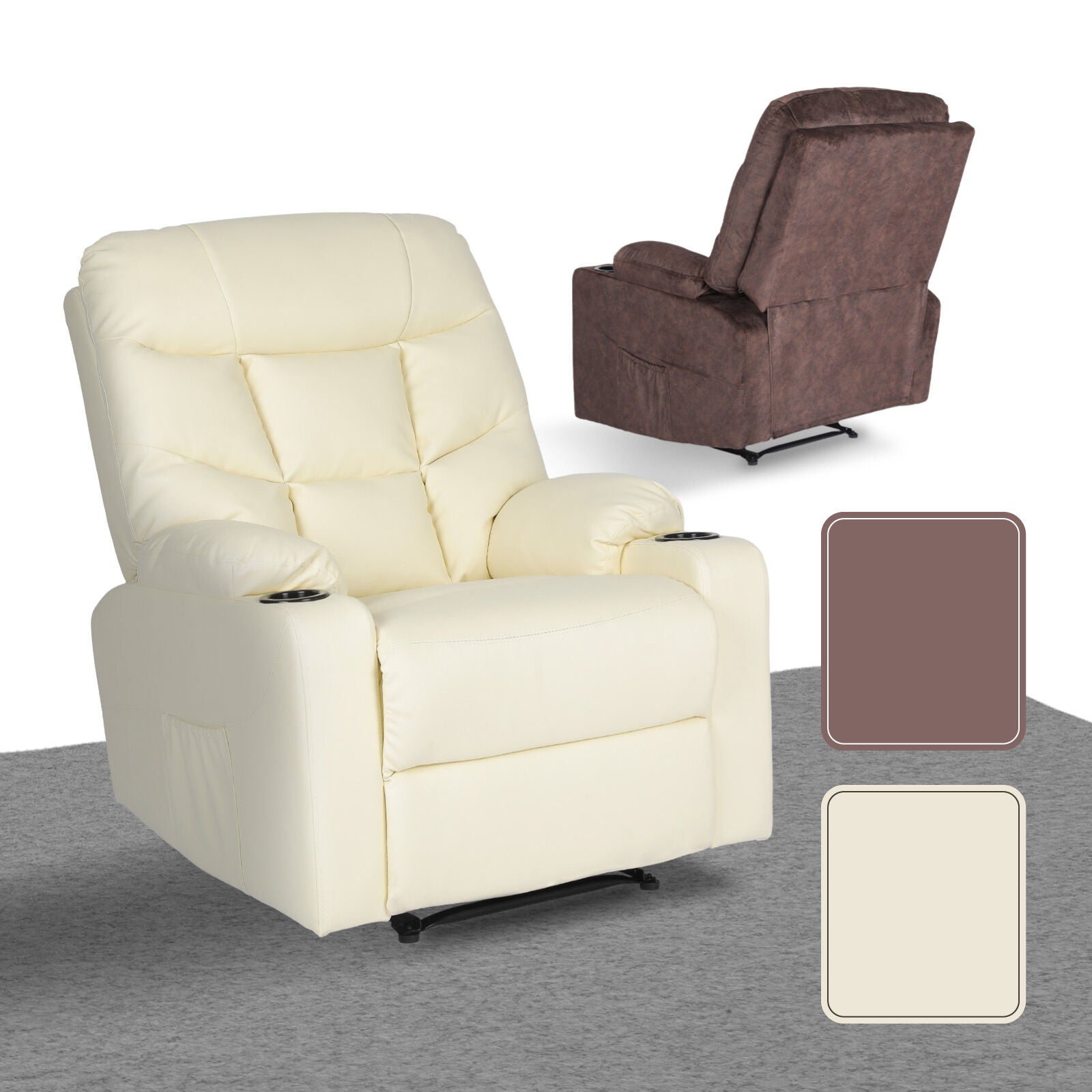 Rejuvachair Arleen, BEIGE Leather Lounge Sofa 8-Point Electric Massage Recliner Chair