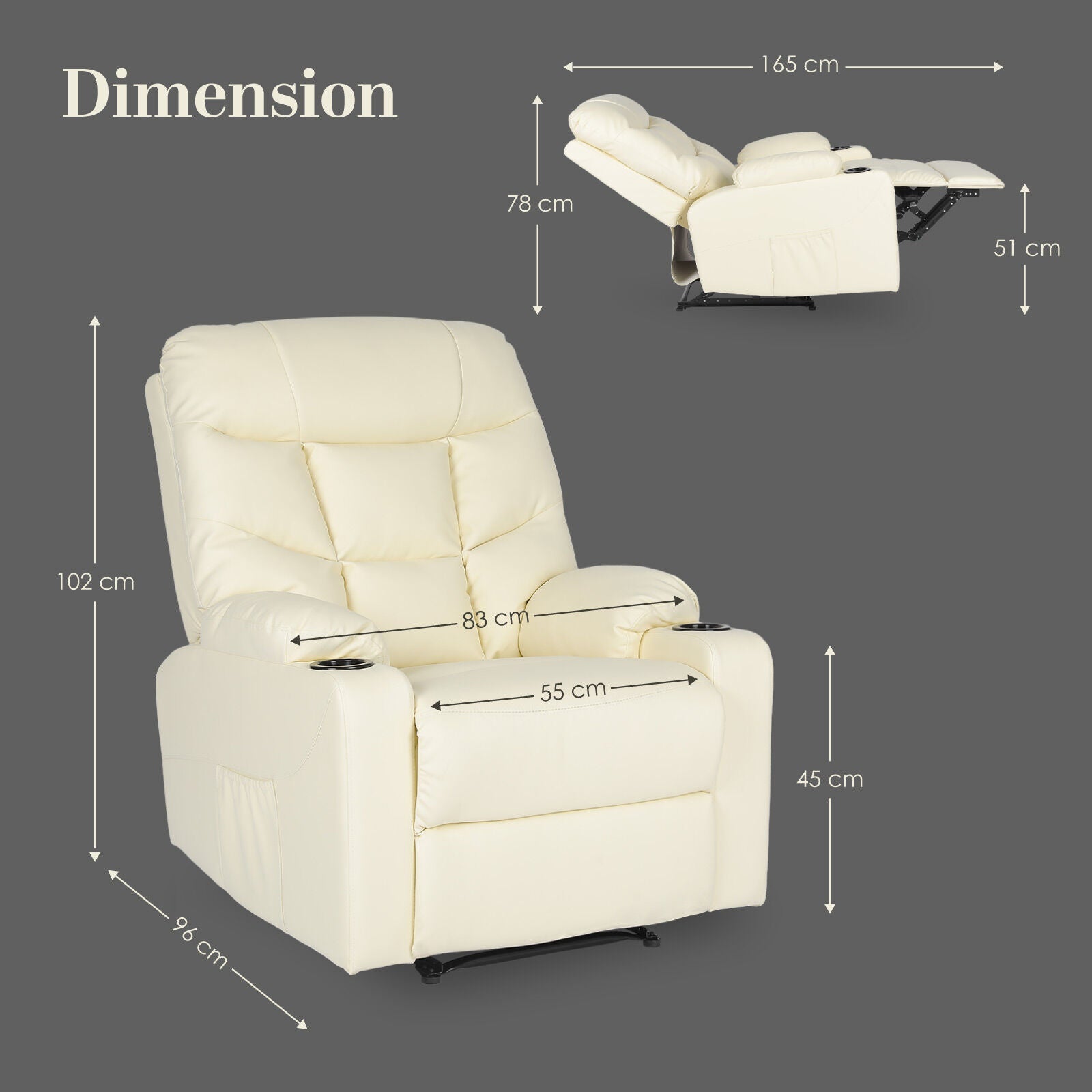 Rejuvachair Arleen, BEIGE Leather Lounge Sofa 8-Point Electric Massage Recliner Chair