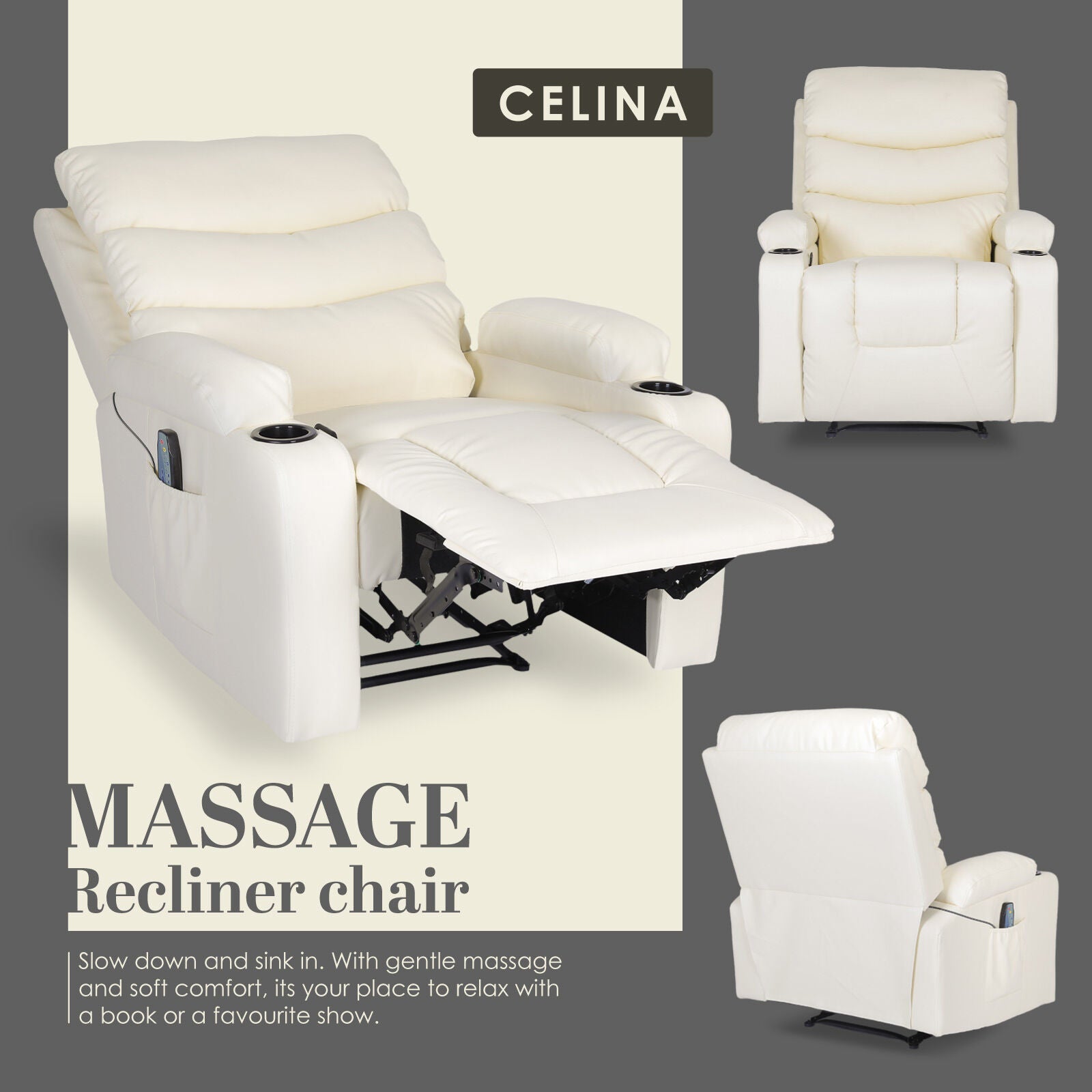 Arete Nest, CELINA CREAM Leather Electric Massage Recliner Armchair -