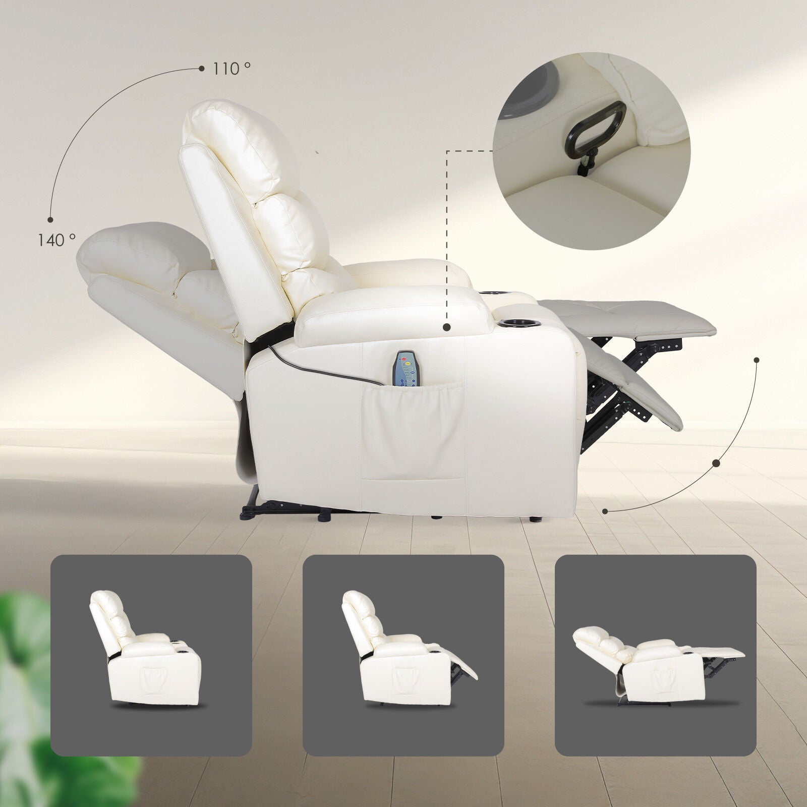 Arete Nest, CELINA CREAM Leather Electric Massage Recliner Armchair -