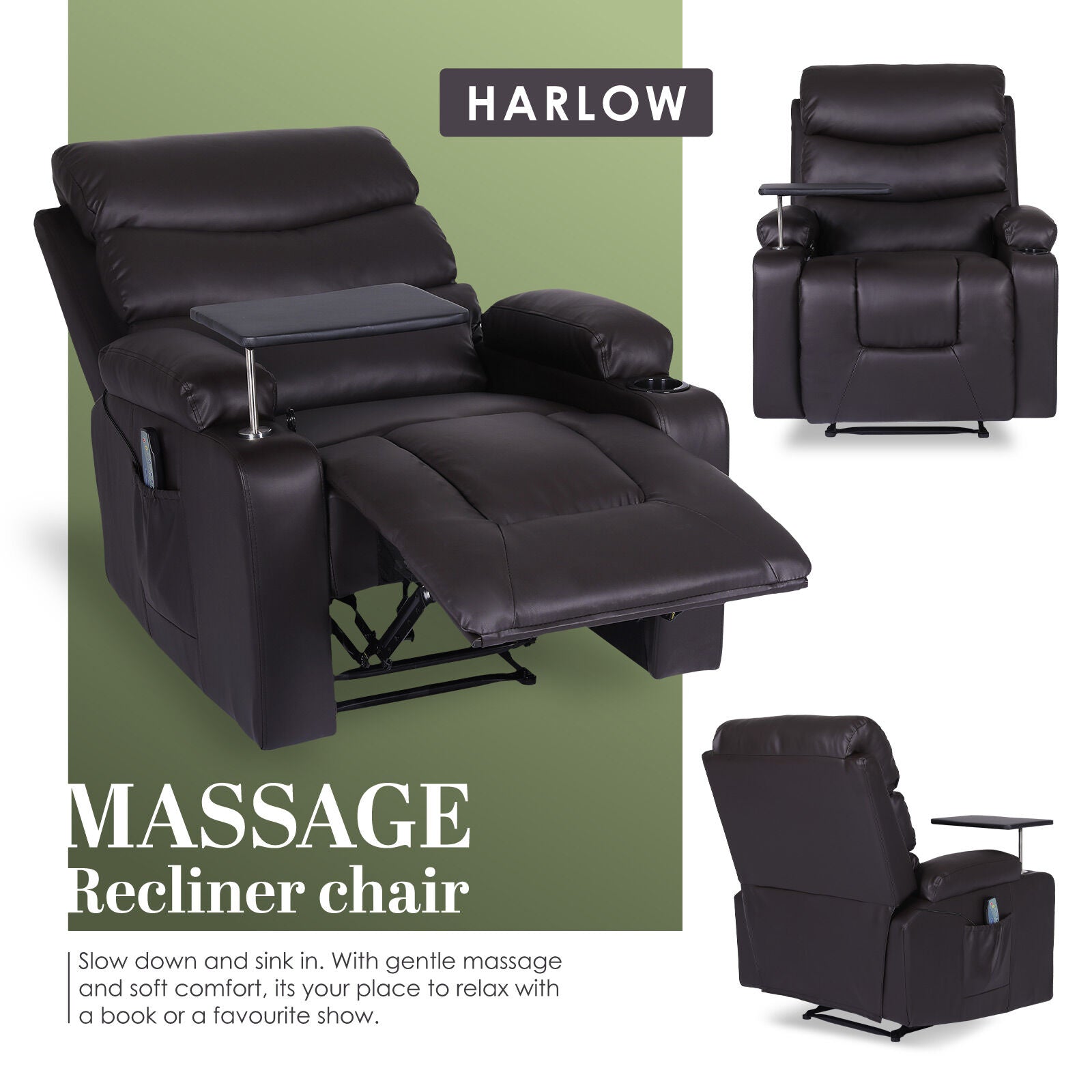 Arete Soothe, HARLOW BROWN Leather 8-Point Electric Massage Recliner Chair
